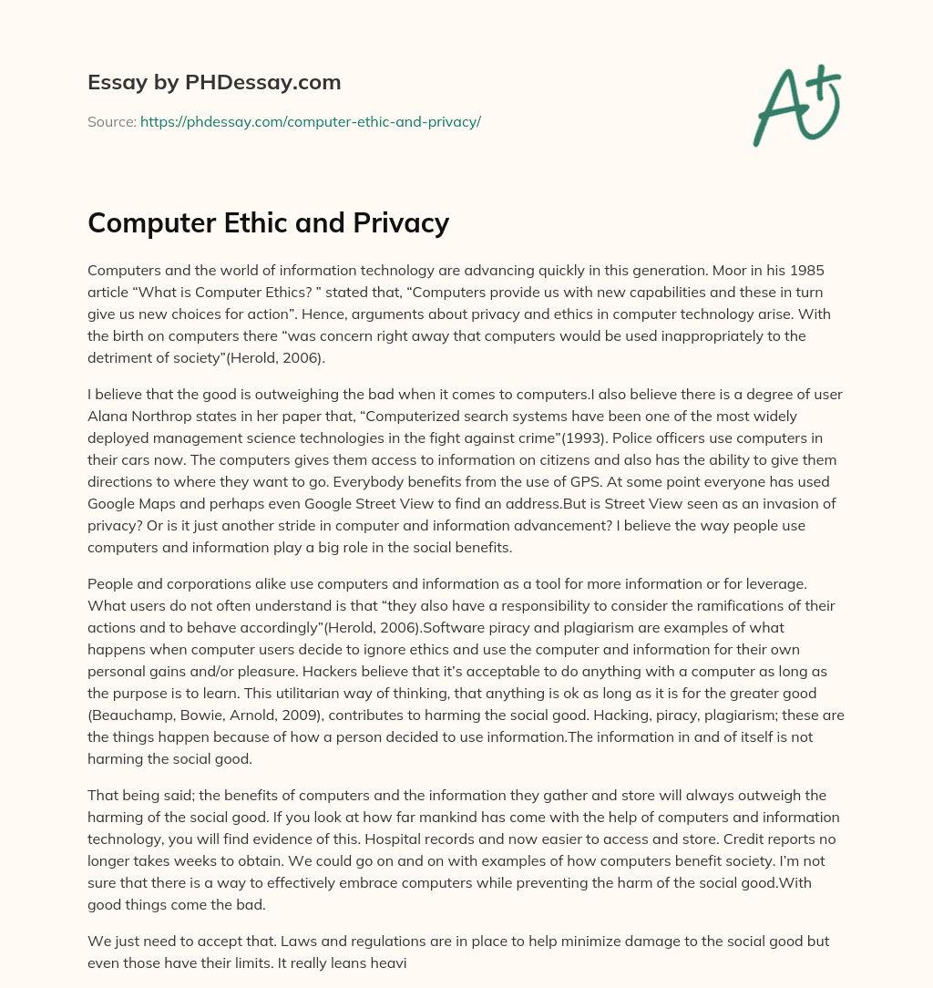 Computer Ethic and Privacy essay