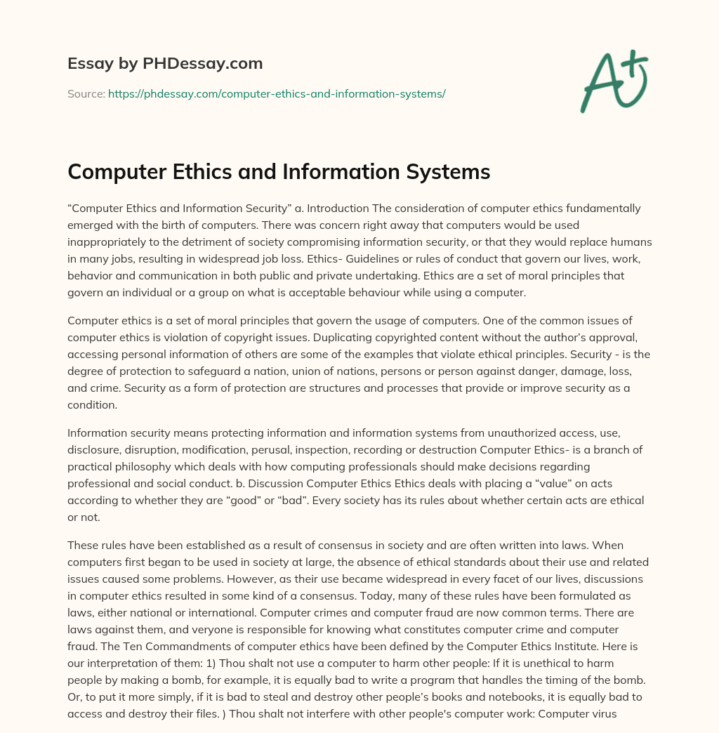 Computer Ethics and Information Systems essay