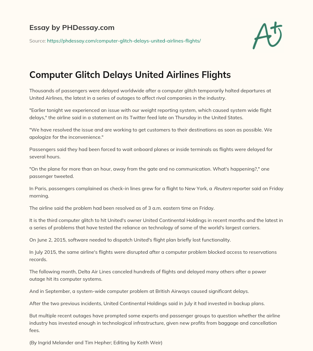 Computer Glitch Delays United Airlines Flights essay