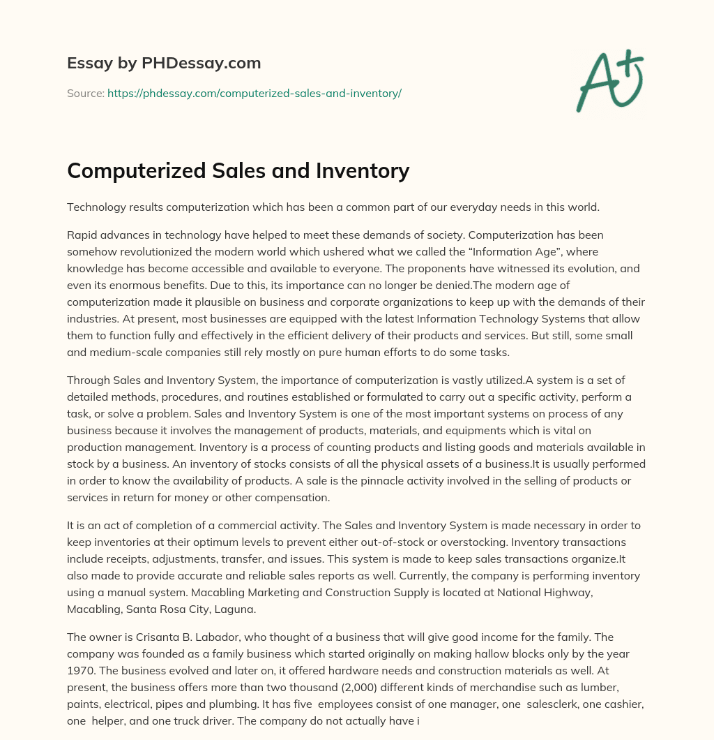 Computerized Sales and Inventory essay