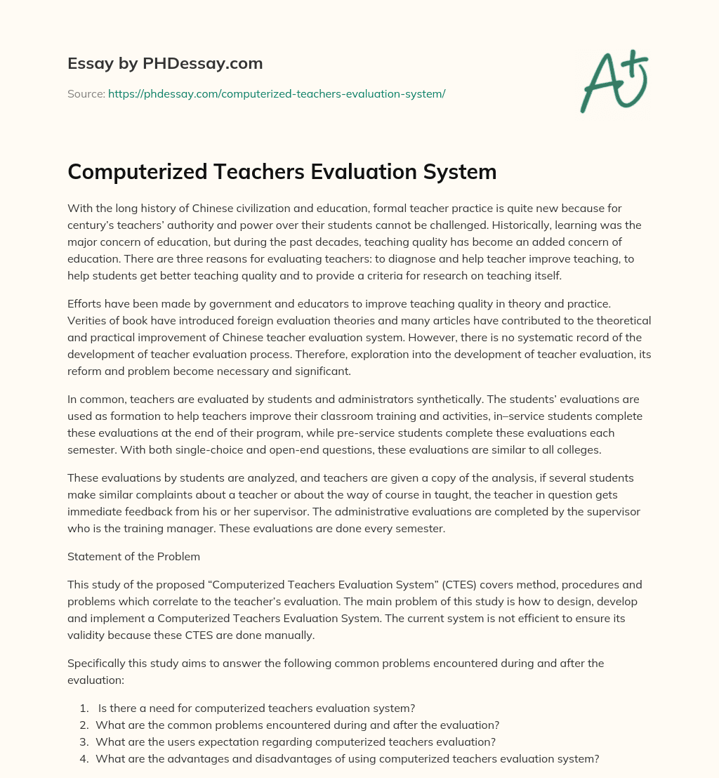 Computerized Teachers Evaluation System essay
