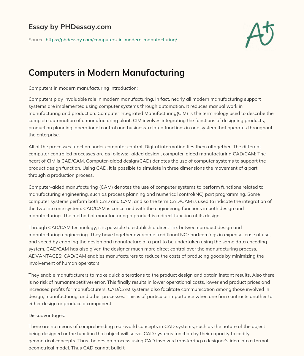 Computers in Modern Manufacturing essay