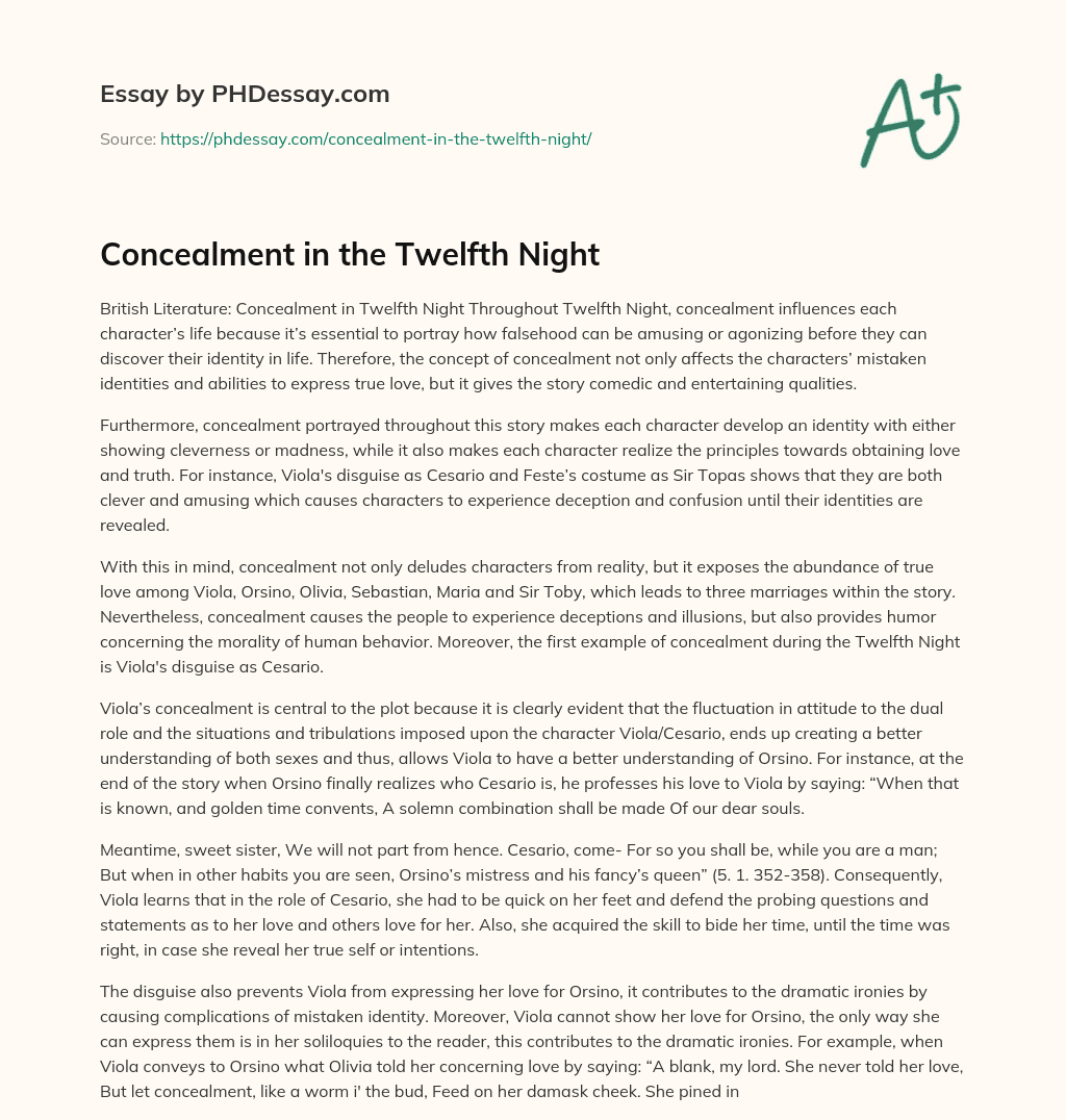 Concealment in the Twelfth Night essay