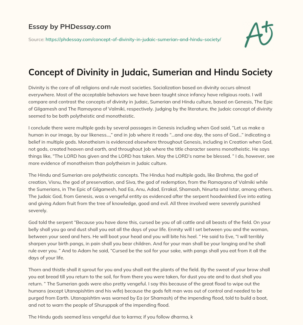 Concept of Divinity in Judaic, Sumerian and Hindu Society essay
