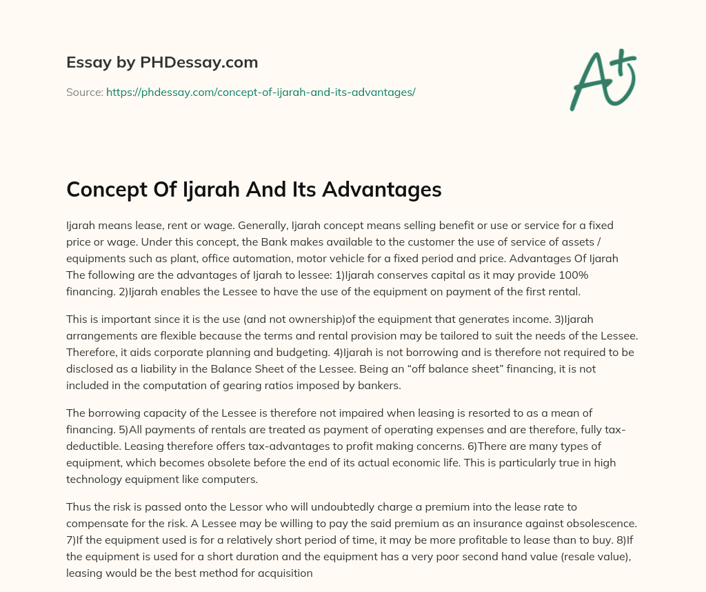 Concept Of Ijarah And Its Advantages essay