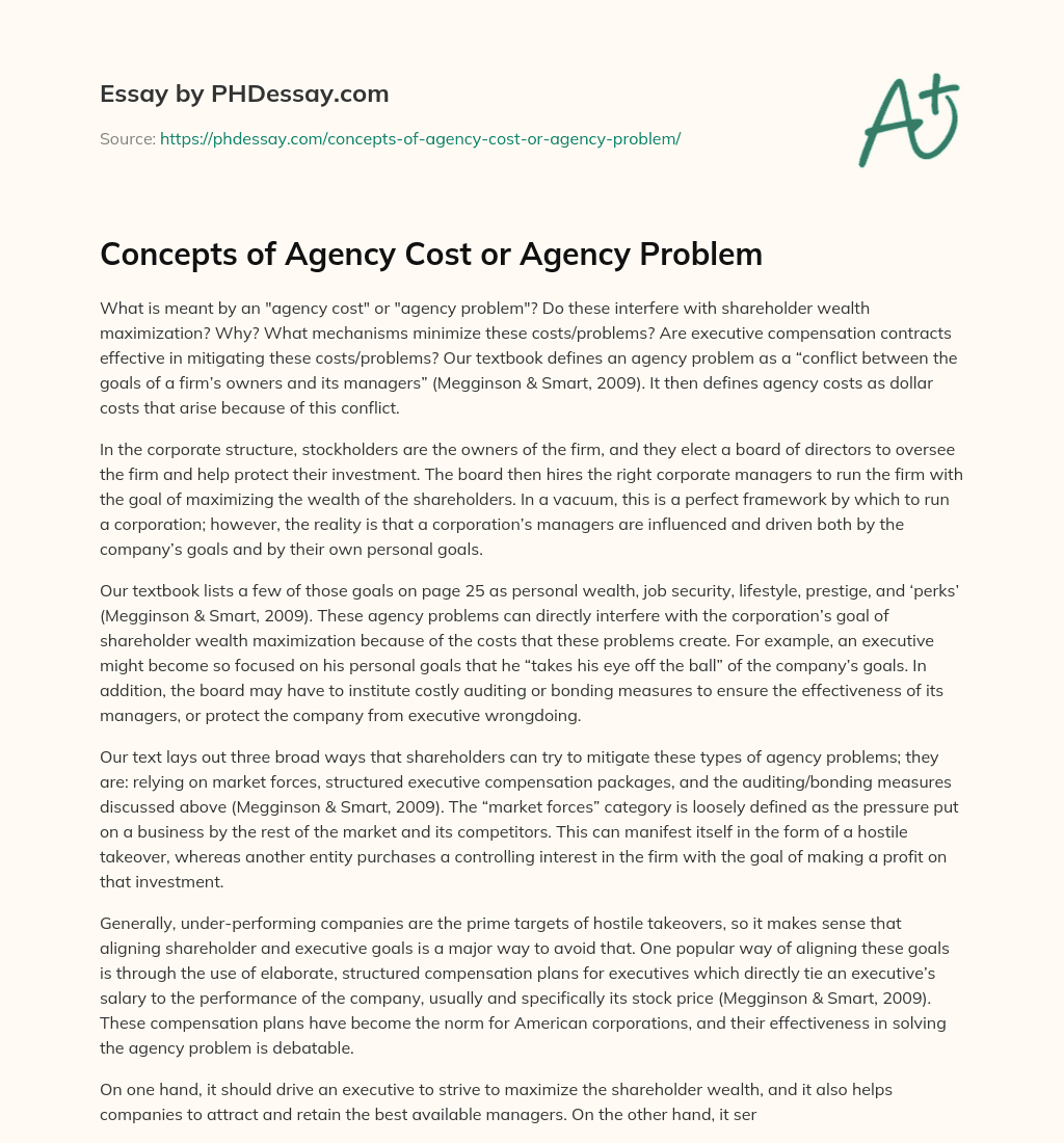 Concepts of Agency Cost or Agency Problem essay