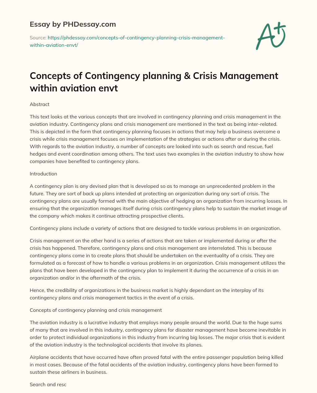 Concepts of Contingency planning & Crisis Management within aviation envt essay