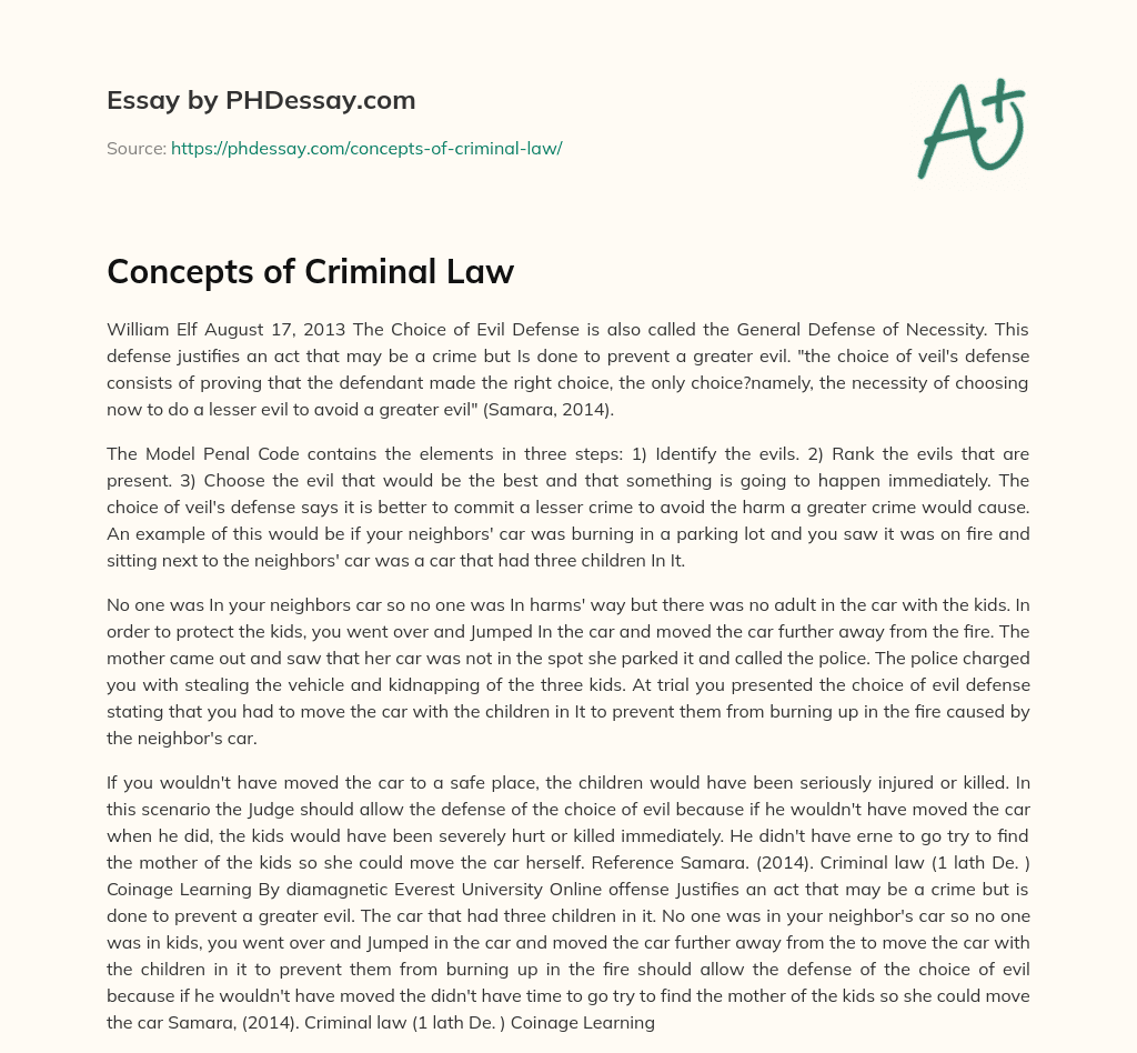 Concepts of Criminal Law essay