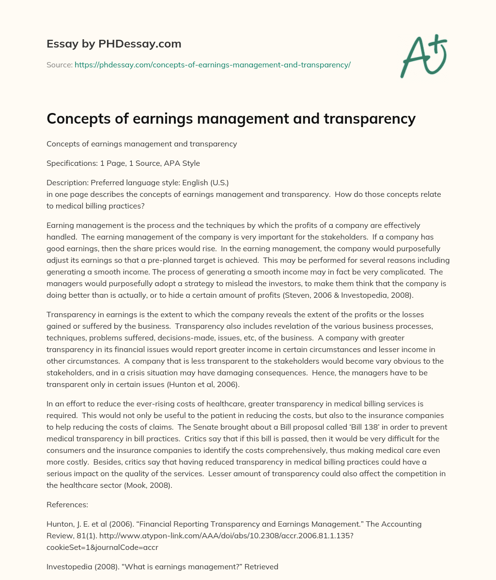 Concepts of earnings management and transparency essay