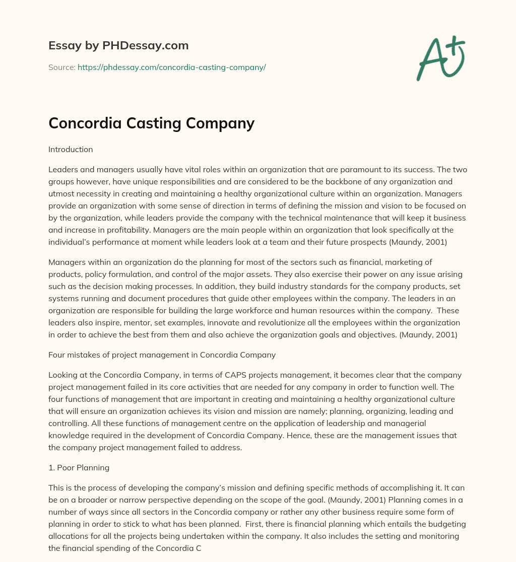 Concordia Casting Company essay