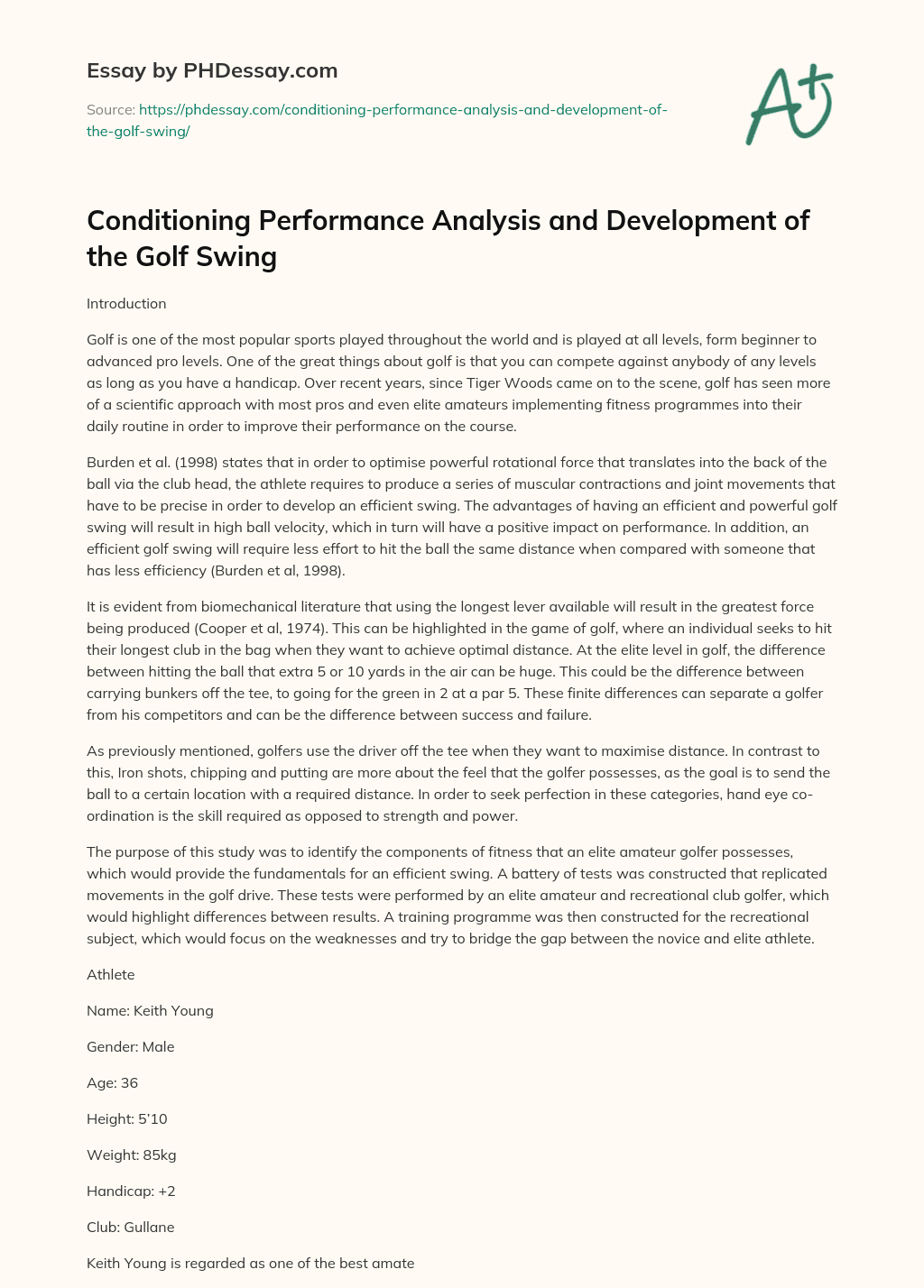 Conditioning Performance Analysis and Development of the Golf Swing