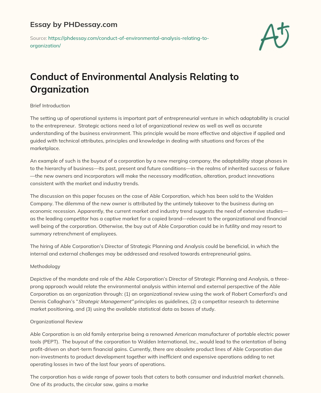 Conduct of Environmental Analysis Relating to Organization essay
