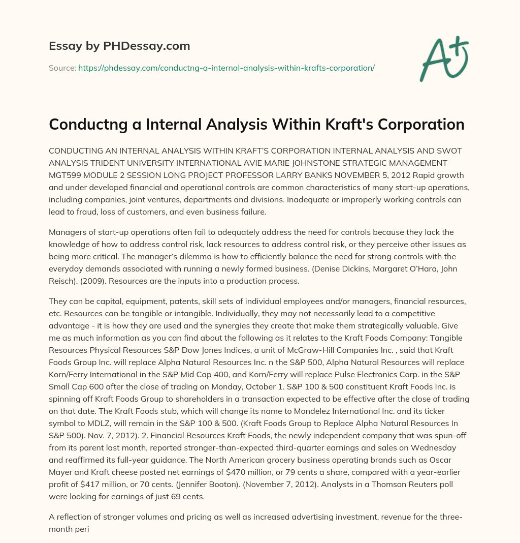 Conductng a Internal Analysis Within Kraft’s Corporation essay