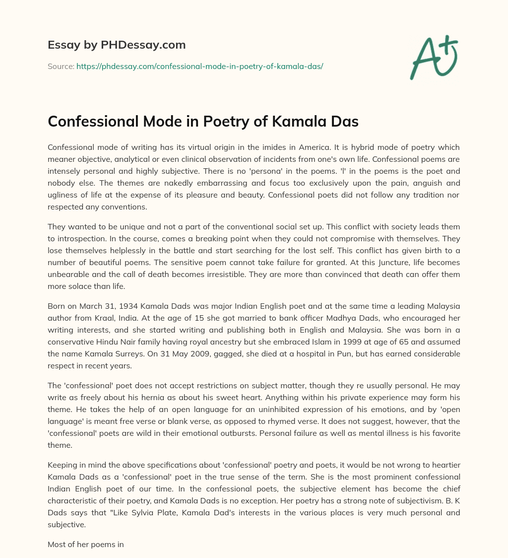 Confessional Mode in Poetry of Kamala Das essay