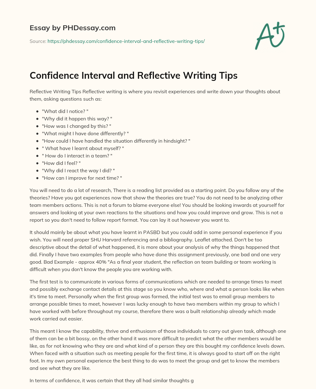 Confidence Interval and Reflective Writing Tips essay