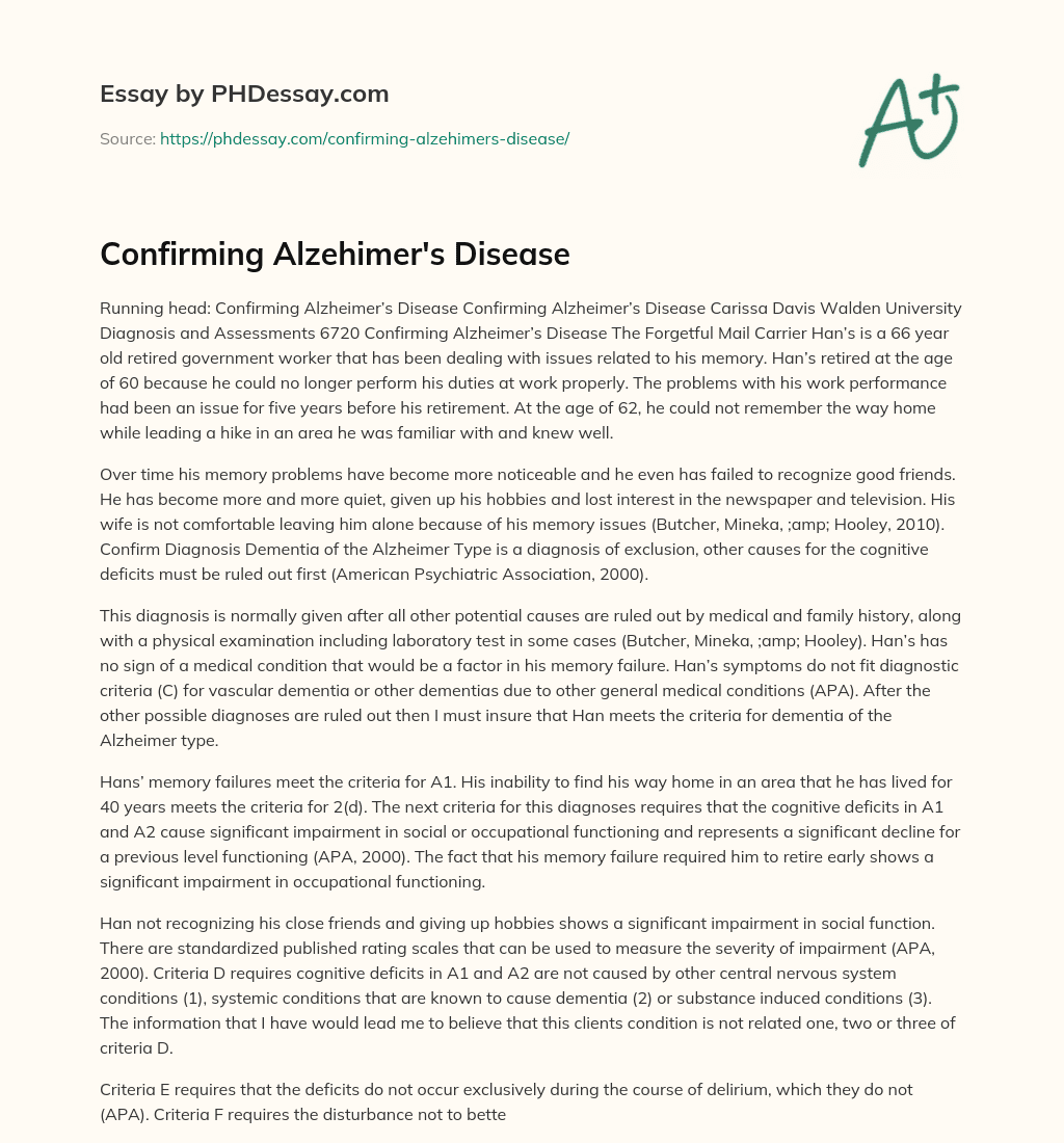 Confirming Alzehimer’s Disease essay