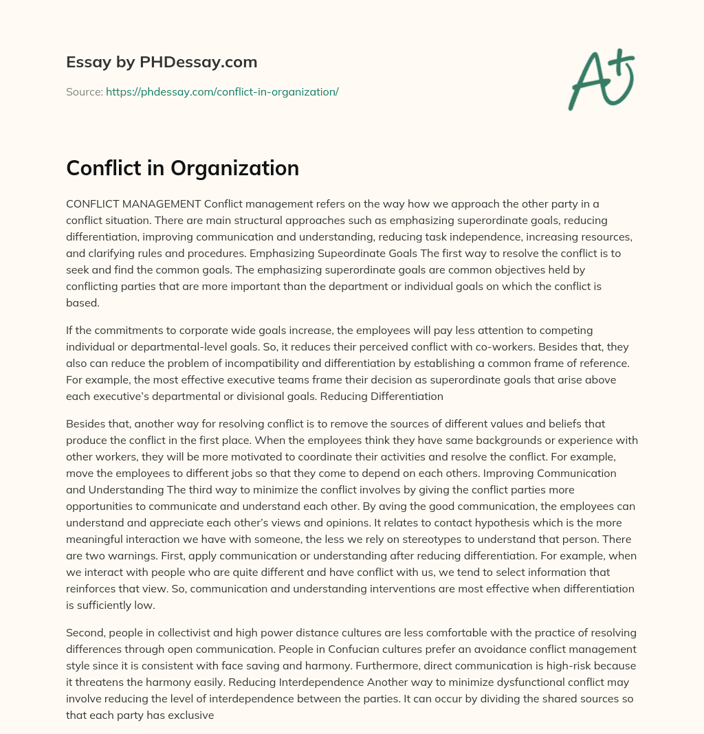 Conflict in Organization essay