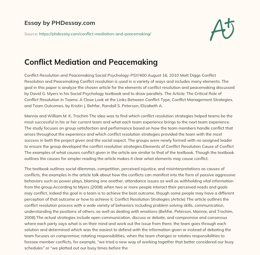 Conflict Mediation and Peacemaking essay