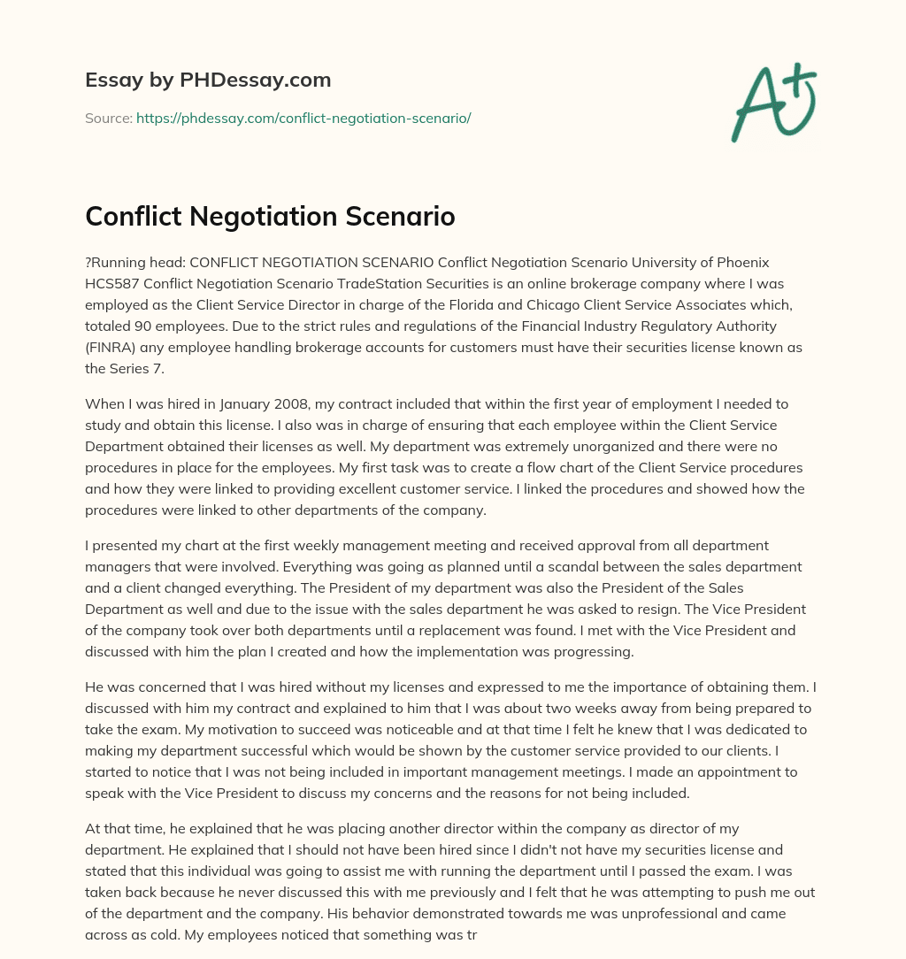 Conflict Negotiation Scenario essay