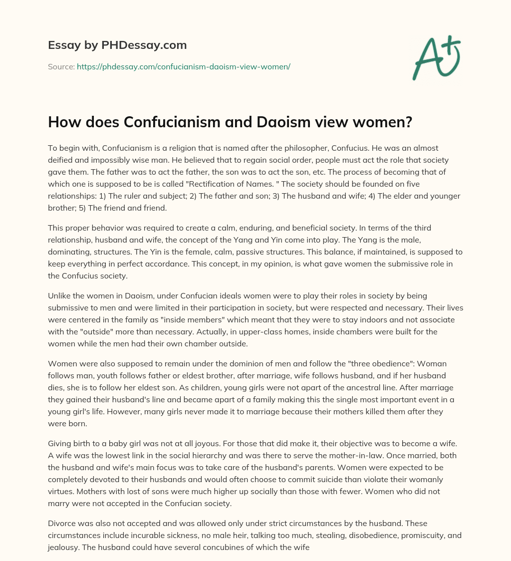How does Confucianism and Daoism view women? essay