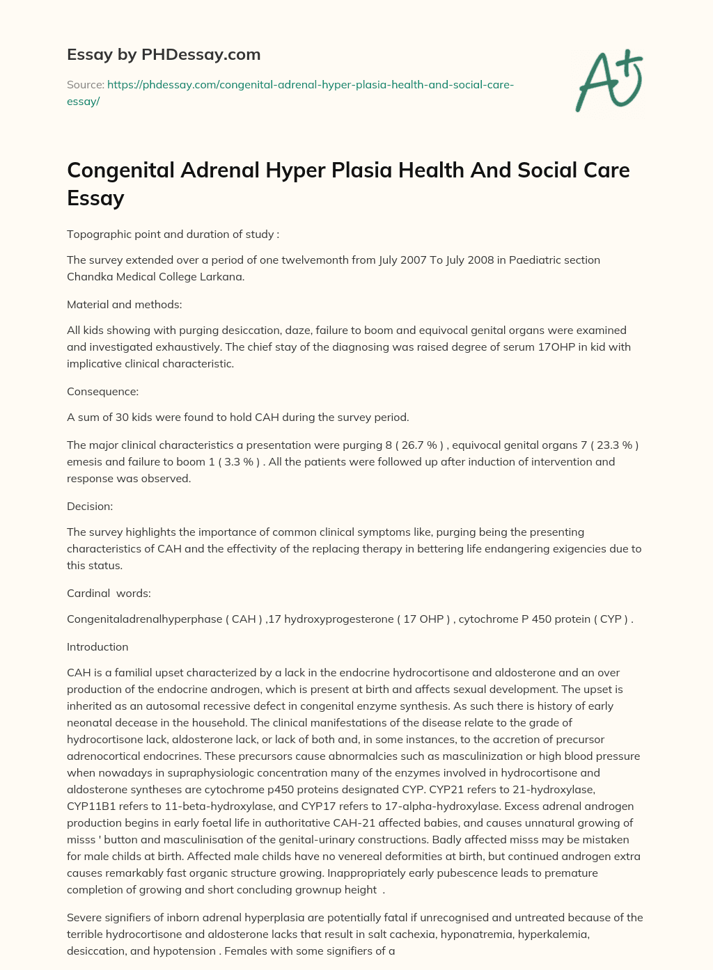 Congenital Adrenal Hyper Plasia Health And Social Care Essay essay