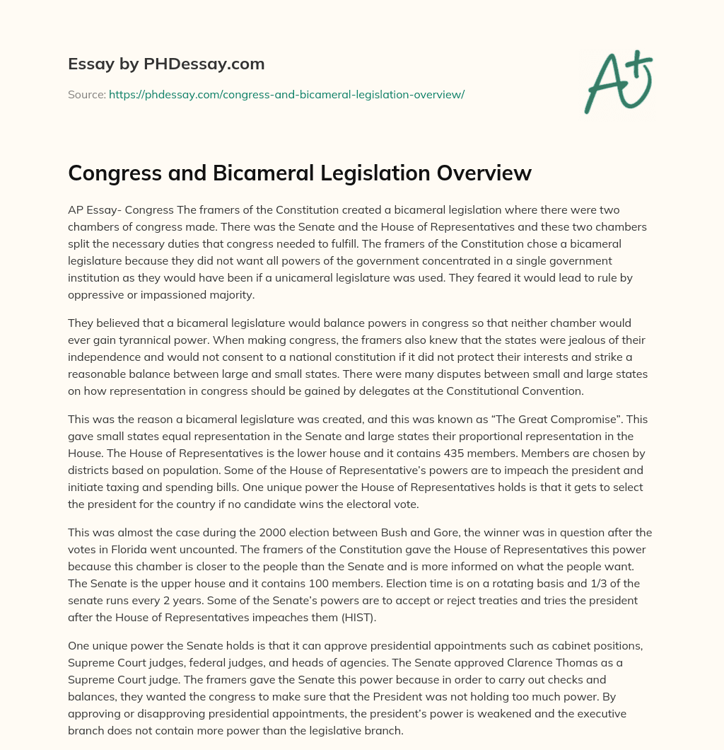 Congress and Bicameral Legislation Overview essay