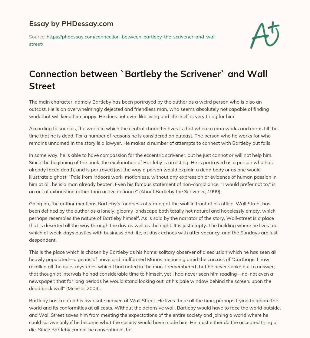 Connection between `Bartleby the Scrivener` and Wall Street essay
