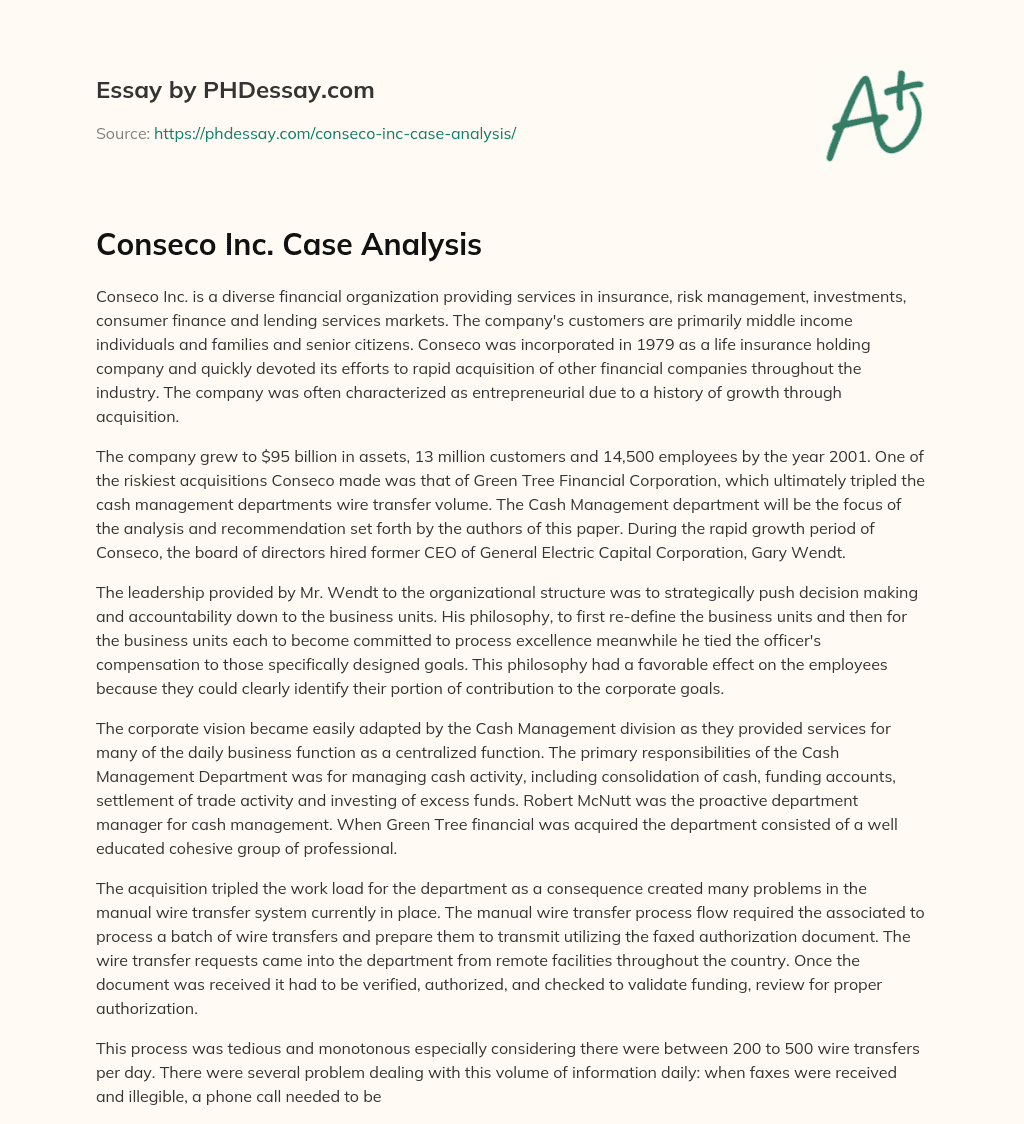Conseco Inc. Case Analysis essay