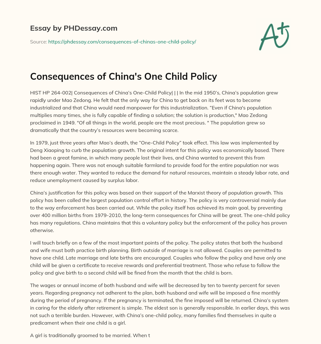 Consequences of China’s One Child Policy essay