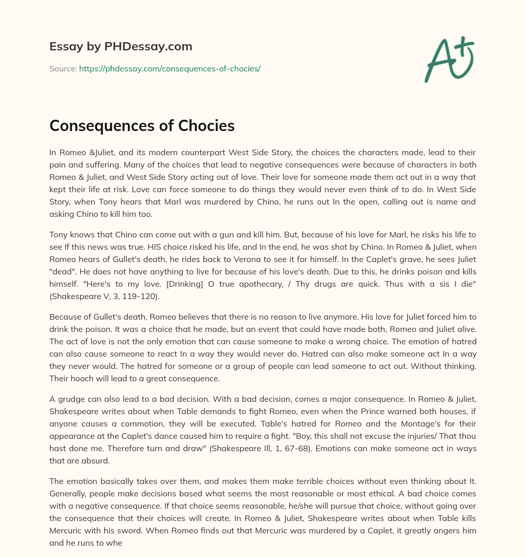 Consequences of Chocies essay