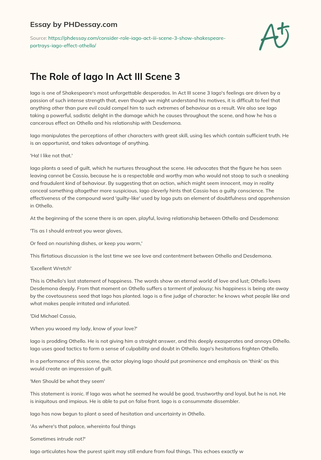 The Role of Iago In Act III Scene 3 essay