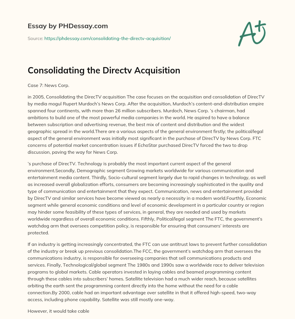 Consolidating the Directv Acquisition essay