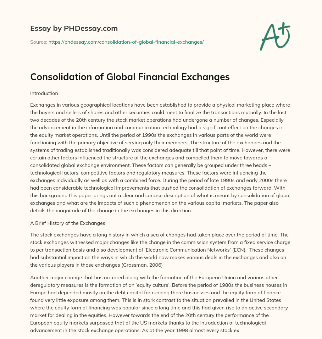 Consolidation of Global Financial Exchanges essay