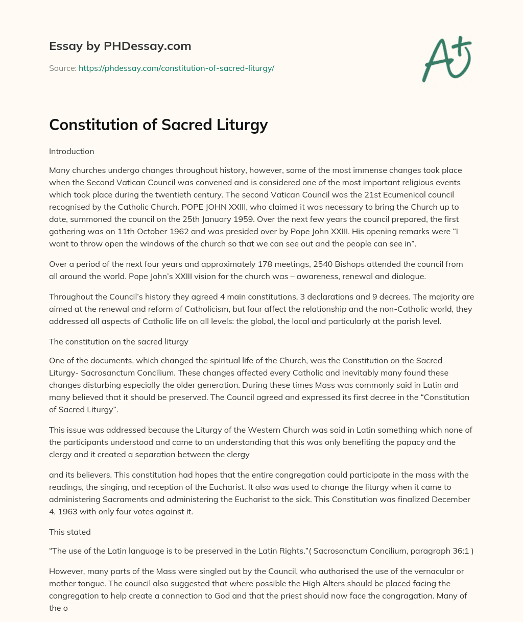 Constitution of Sacred Liturgy essay