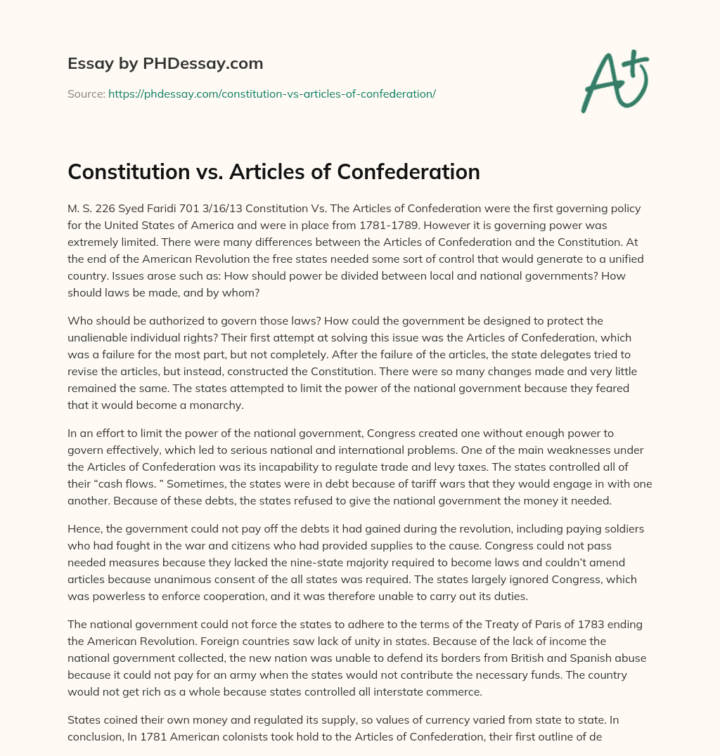 Constitution vs. Articles of Confederation essay