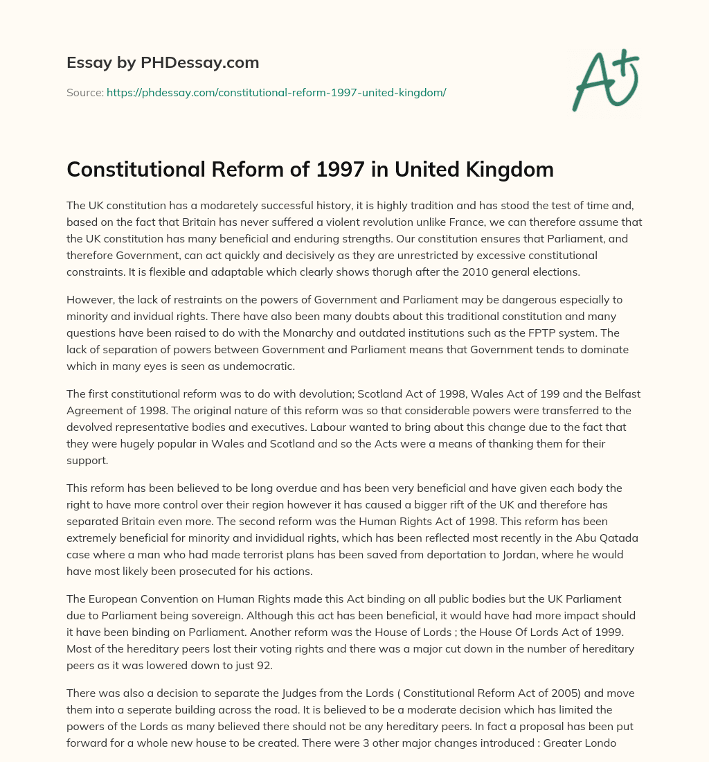 Constitutional Reform of 1997 in United Kingdom (600 Words)
