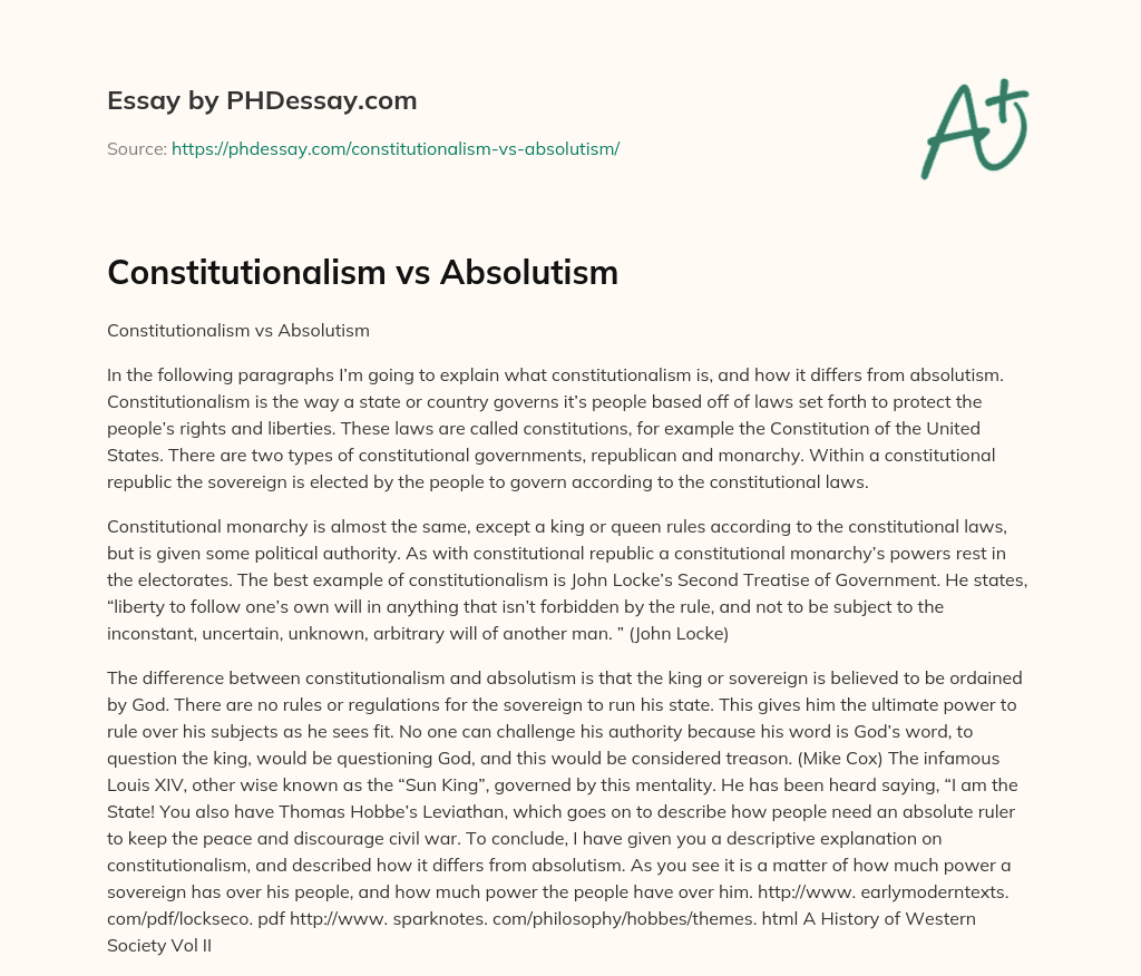 Constitutionalism Vs Absolutism (400 Words) - PHDessay.com