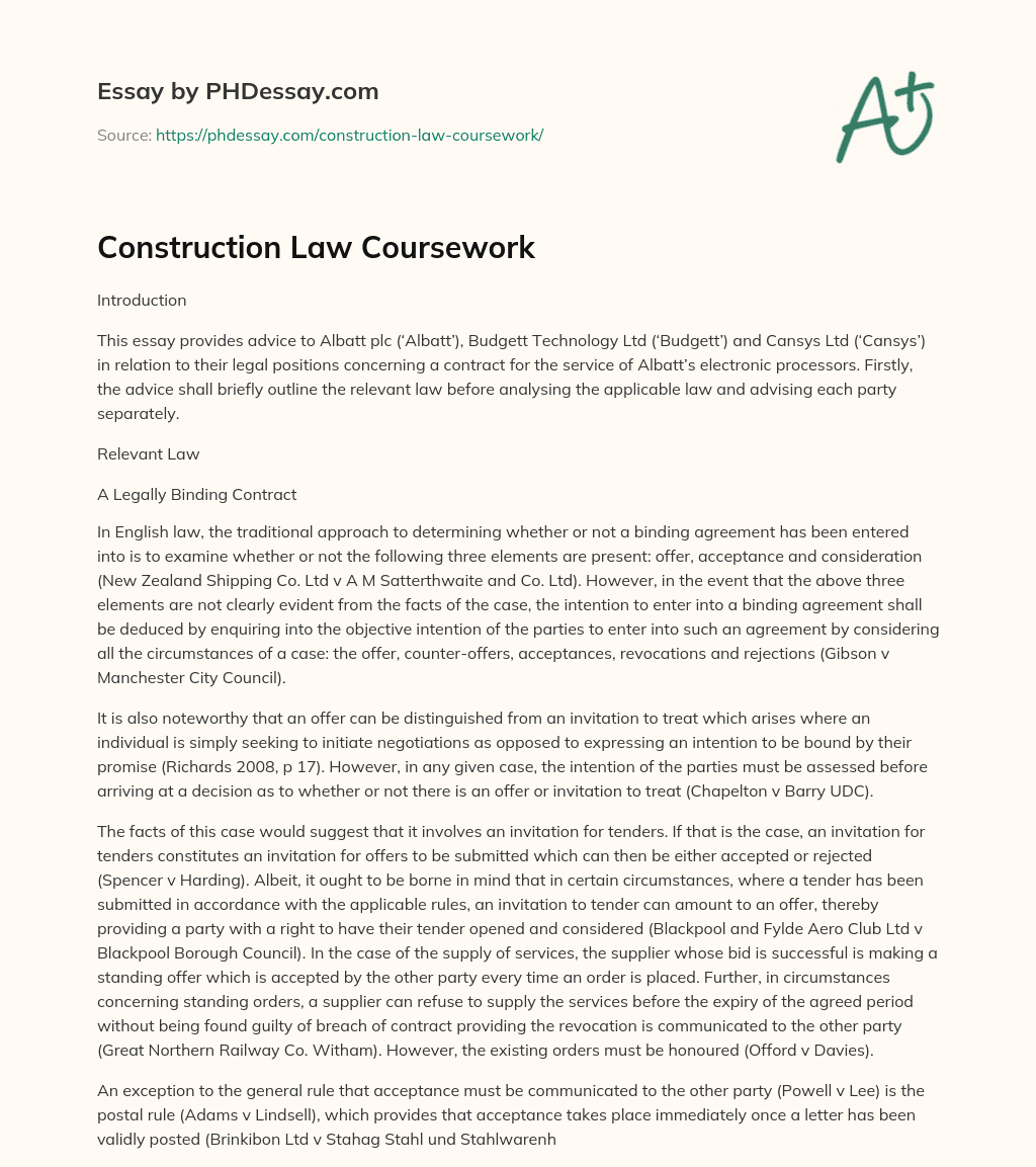 Construction Law Coursework essay