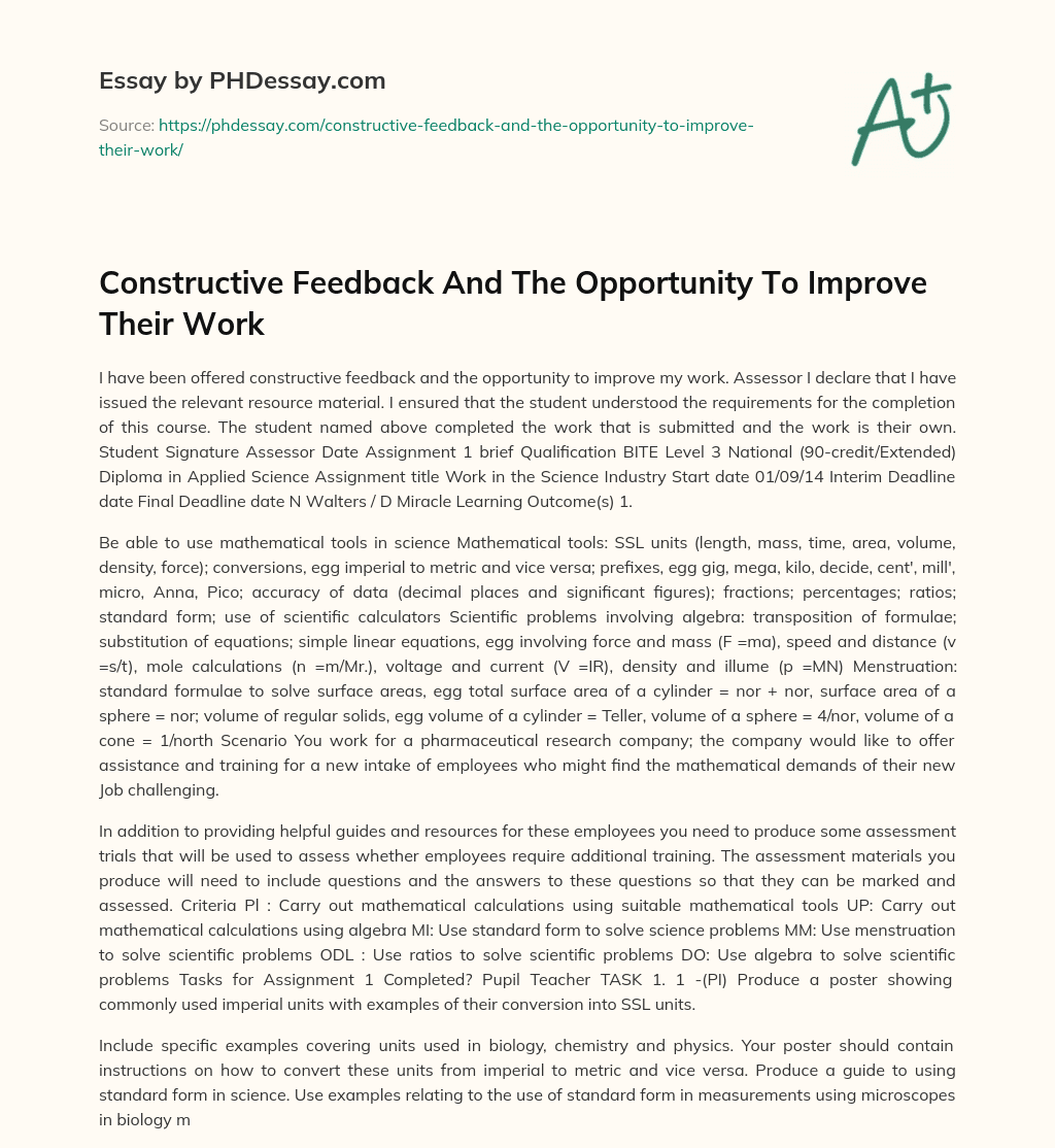 Constructive Feedback And The Opportunity To Improve Their Work essay