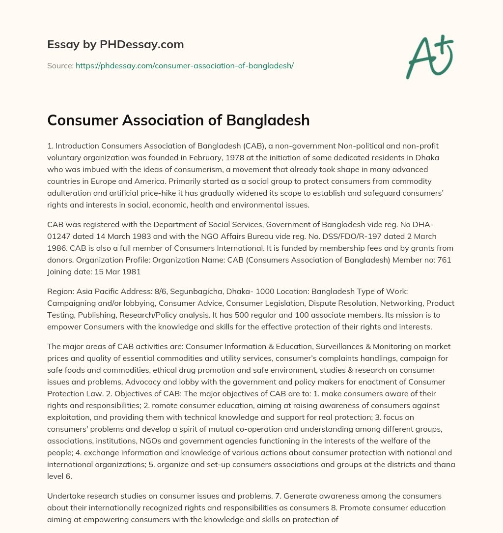 Consumer Association of Bangladesh essay