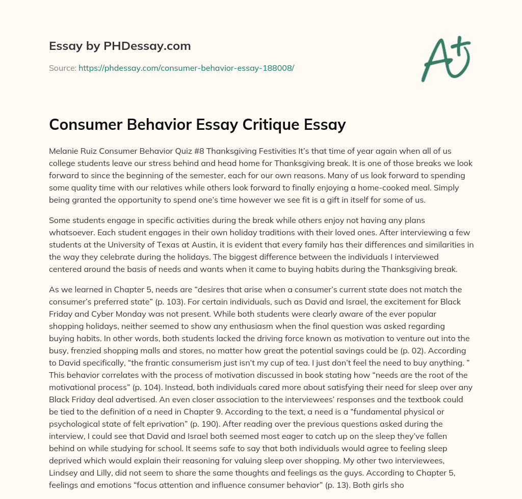 Consumer Behavior Essay Critique Essay essay
