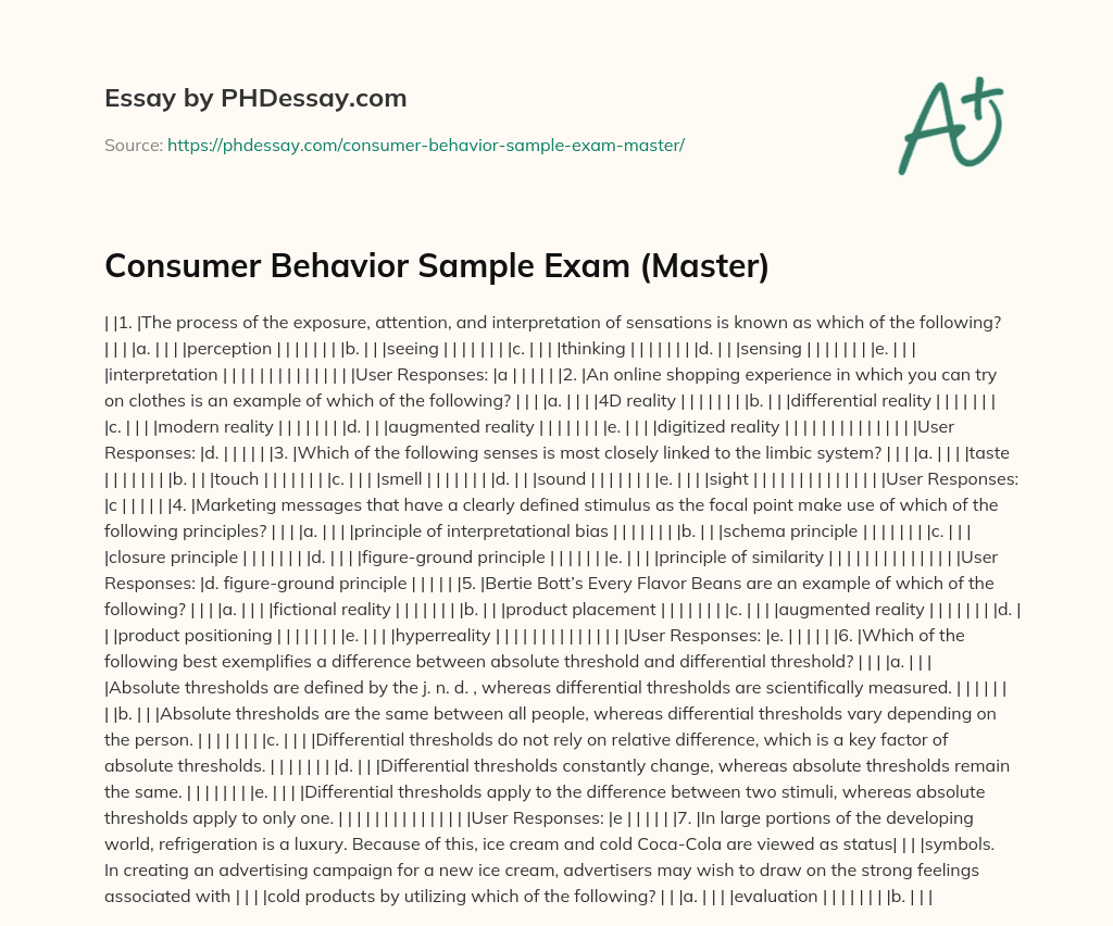 Consumer Behavior Sample Exam (Master) essay