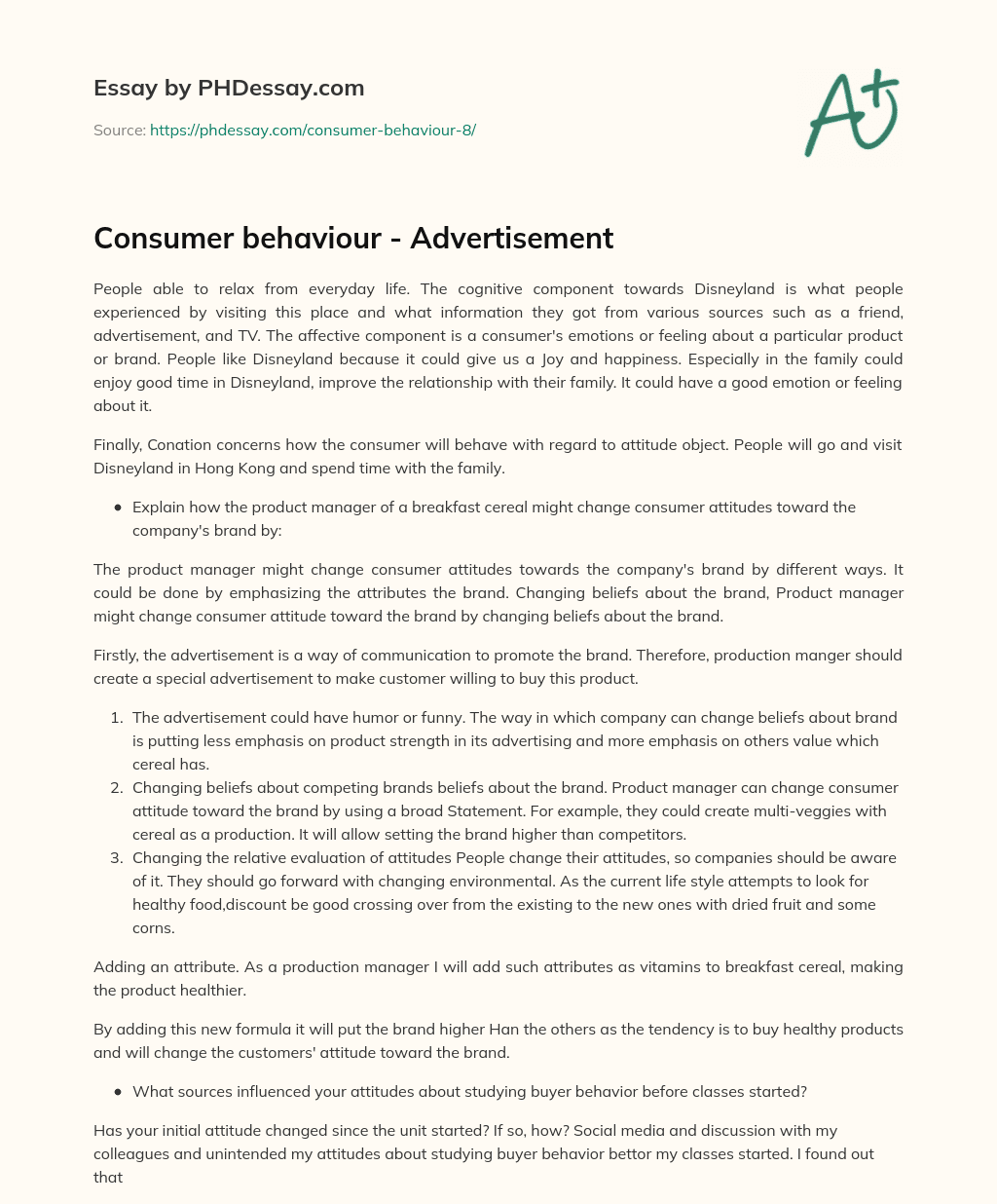 Consumer behaviour – Advertisement essay