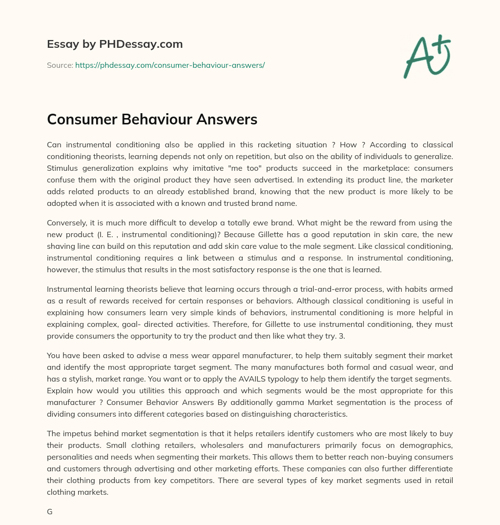 Consumer Behaviour Answers essay
