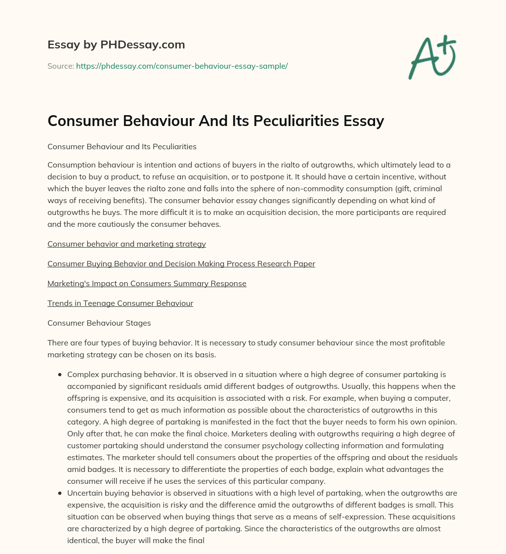Consumer Behaviour And Its Peculiarities Essay essay