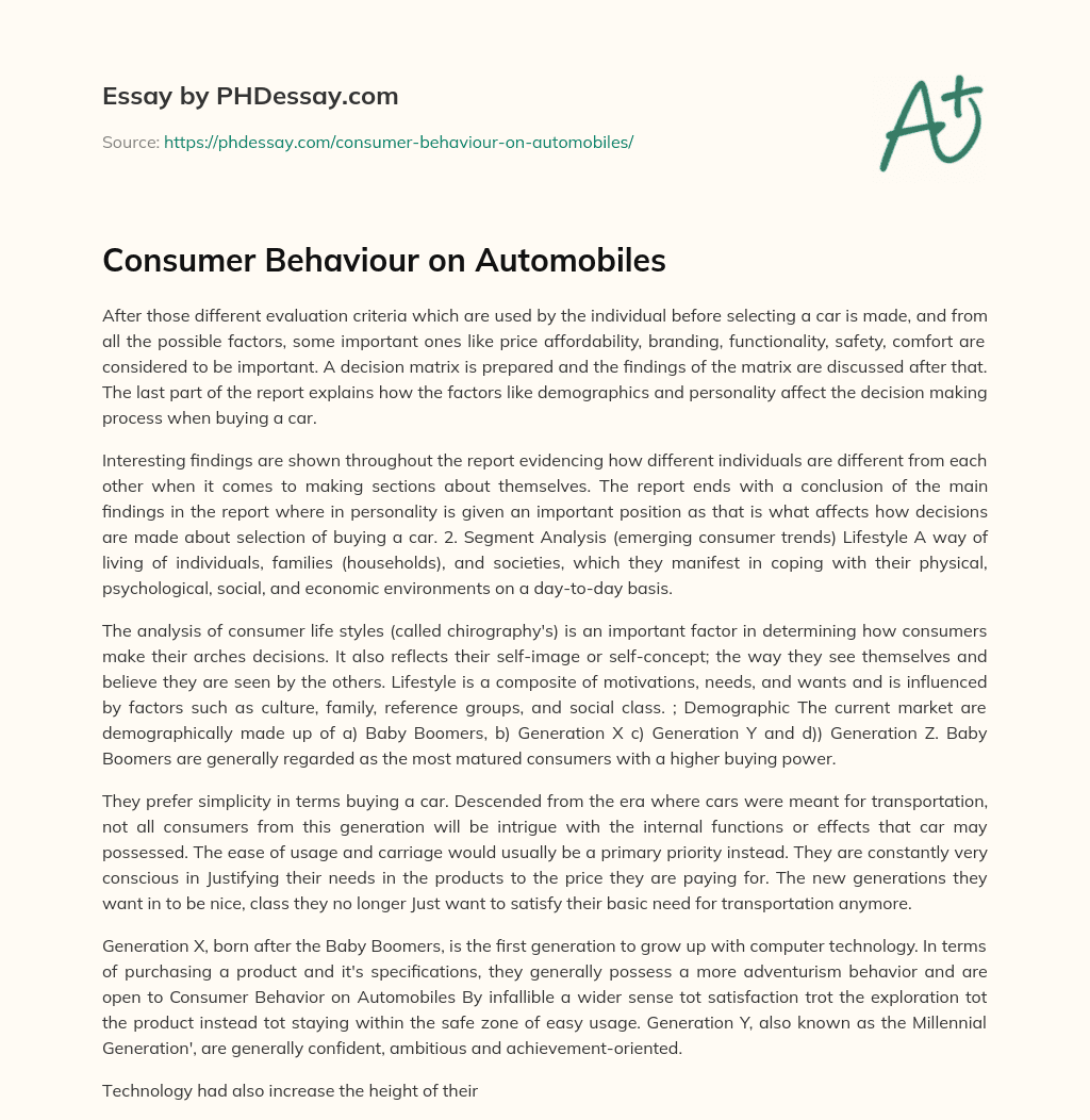 Consumer Behaviour on Automobiles essay