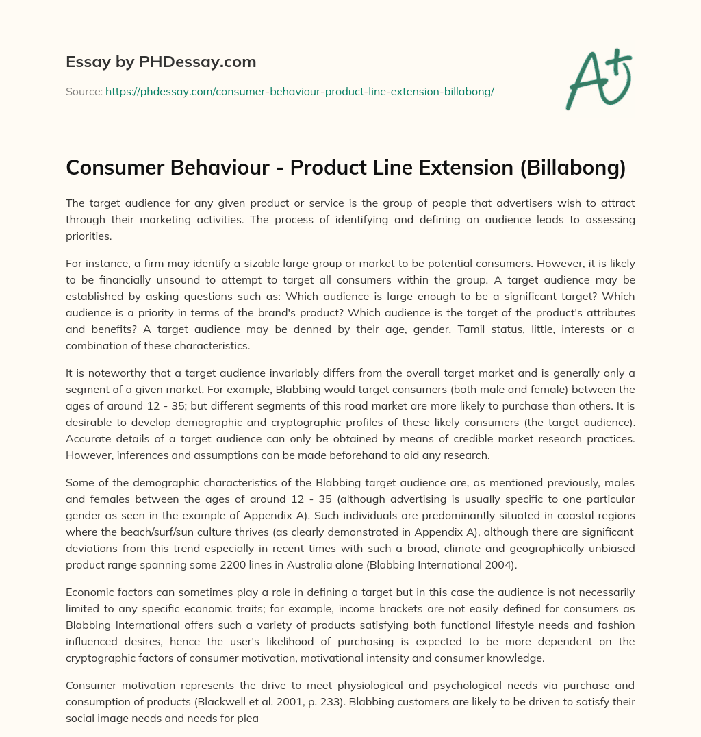 Consumer Behaviour – Product Line Extension (Billabong) essay
