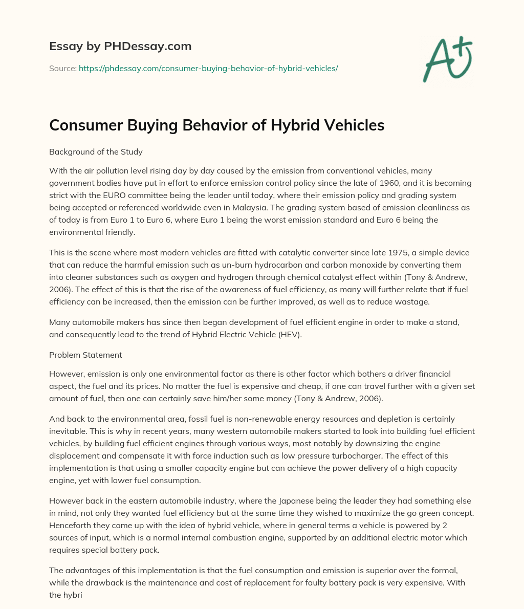 Consumer Buying Behavior of Hybrid Vehicles essay