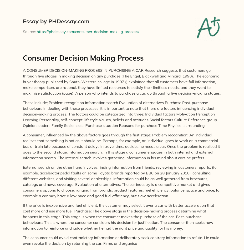Consumer Decision Making Process essay