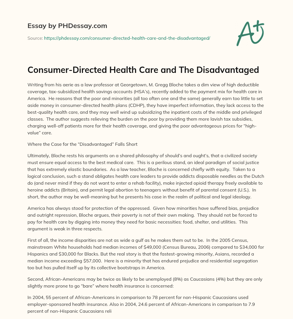Consumer-Directed Health Care and The Disadvantaged essay